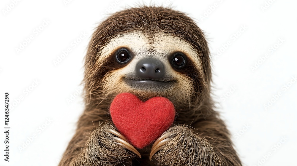 Fototapeta premium Cute sloth portrait holding a red heart with sweet smile, white background, valentines day celebration 