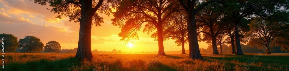 Fototapeta premium Tall trees sway in the breeze on a warm summer evening, swaying branches, long shadows