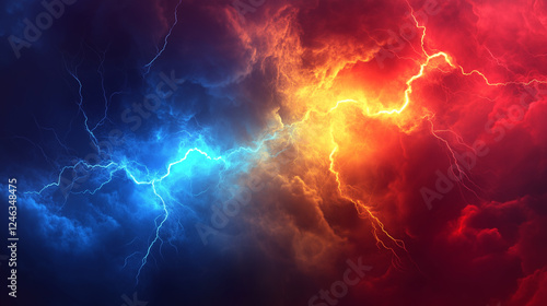 迫力のある赤と青の雷が激しく迸る暗黒の空。グラフィック素材。