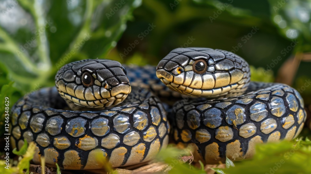 Two intricately patterned snakes coiled together amidst lush green foliage in a vibrant habitat Two intricately patterned snakes coiled together amidst lush green foliage in a vibrant habitat