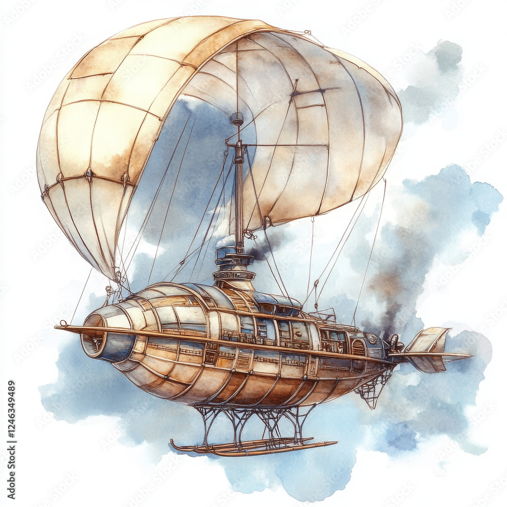 Naklejka premium Watercolor airship illustration floats with freedom and steampunk style