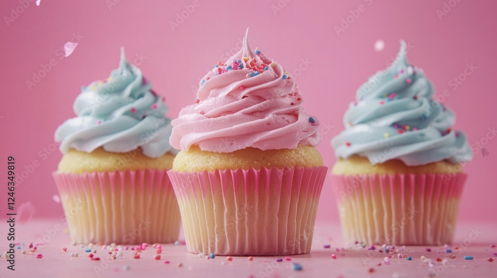 Three delightful cupcakes showcase pink and light blue frosting topped with colorful sprinkles, creating a perfect festive atmosphere for celebrations or bake sales Three delightful cupcakes showcase pink and light blue frosting topped with colorful sprinkles, creating a perfect festive atmosphere for celebrations or bake sales