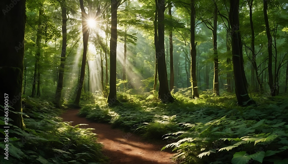 Obraz premium Overgrown forest with sunlight streaming through the canopy