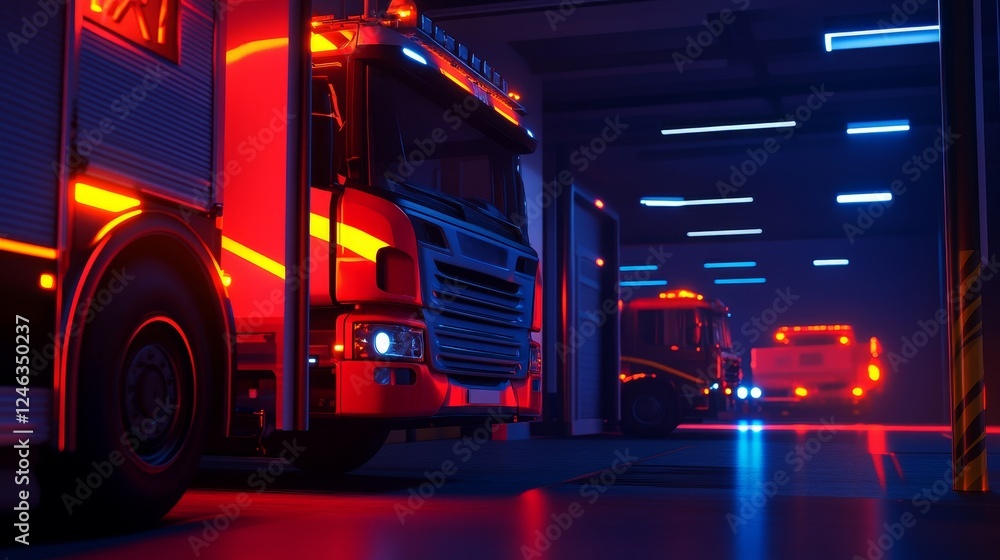 Fire trucks illuminated by neon light inside a modern garage with vehicles ready for action Fire trucks illuminated by neon light inside a modern garage with vehicles ready for action
