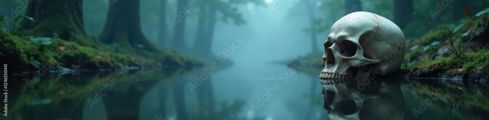 Skull reflected in calm still water in a misty forest, misty atmosphere, serene, skull Skull reflected in calm still water in a misty forest, misty atmosphere, serene, skull