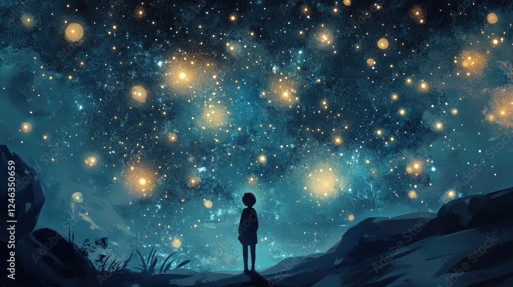 Obraz premium Silhouette gazes at luminous night sky, rocky landscape.