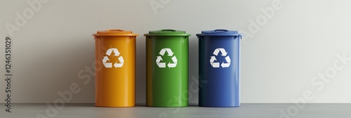 Wallpaper Mural Three recycling bins in yellow, green, and blue colors, each with a white recycling symbol, neatly placed against a neutral background, representing waste sorting and environmental responsibility Torontodigital.ca