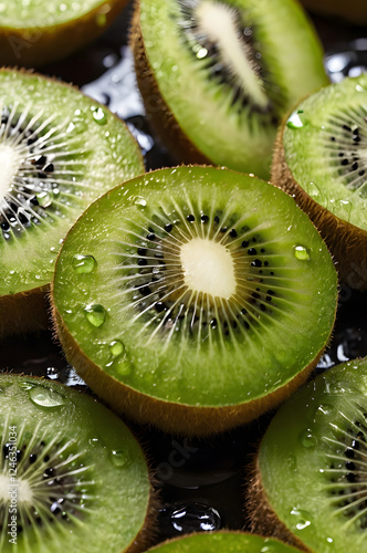 Fresh Kiwi Slices: A vibrant close-up showcasing glistening slices of kiwi fruit, capturing their juicy green flesh and delicate seeds. The droplets of water enhance the image's refreshing appeal. 