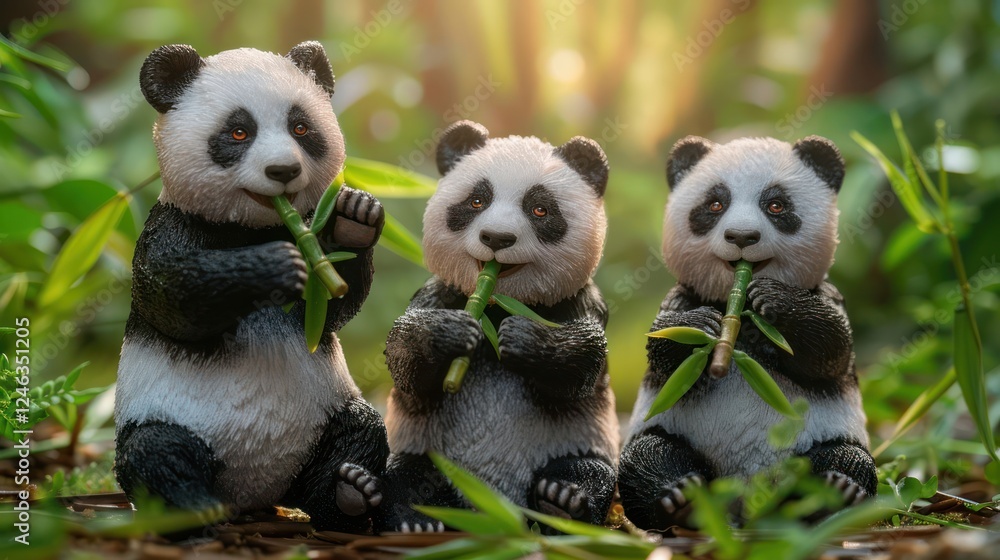 Obraz premium Three adorable panda cubs sitting in a lush green forest, happily munching on bamboo shoots