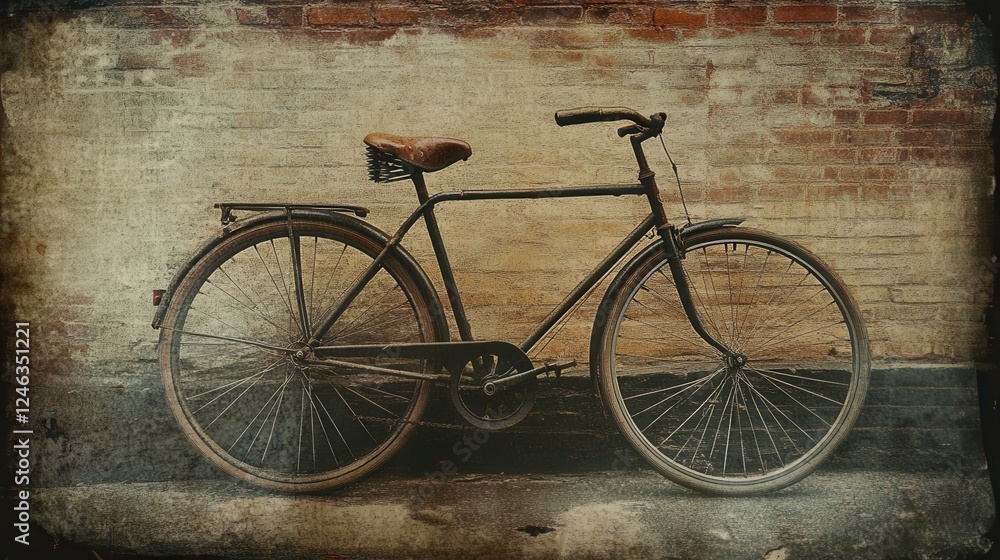 A bicycle rests against a textured brick wall, showcasing urban charm and simplicity in a serene outdoor setting. A bicycle rests against a textured brick wall, showcasing urban charm and simplicity in a serene outdoor setting.