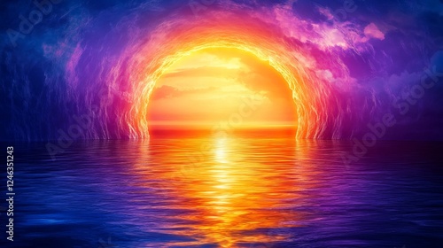 Neon Tunnel, Light Streams in Blue, Purple, Gold, Pink, Curved Tunnel with Reflection