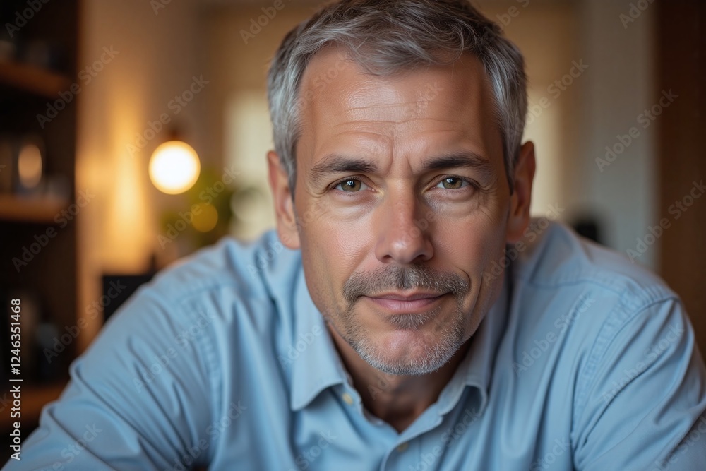 man with short gray hair in well lit indoor setting light blue shirt man with short gray hair in well lit indoor setting light blue shirt