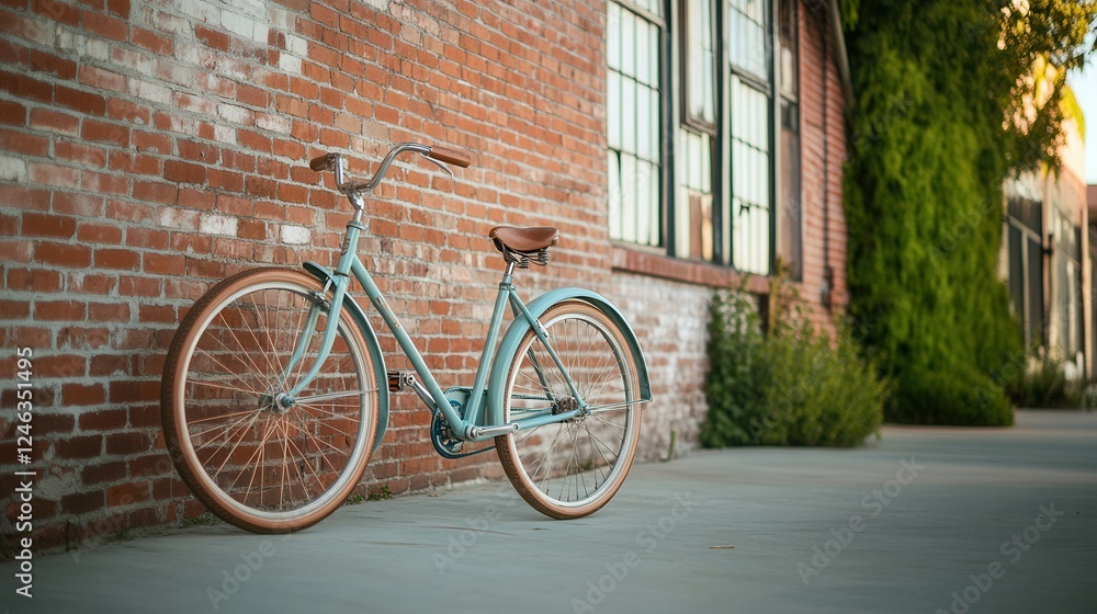 A bicycle rests against a brick wall, showcasing urban life and architecture in front of a building, creating a serene city atmosphere. A bicycle rests against a brick wall, showcasing urban life and architecture in front of a building, creating a serene city atmosphere.