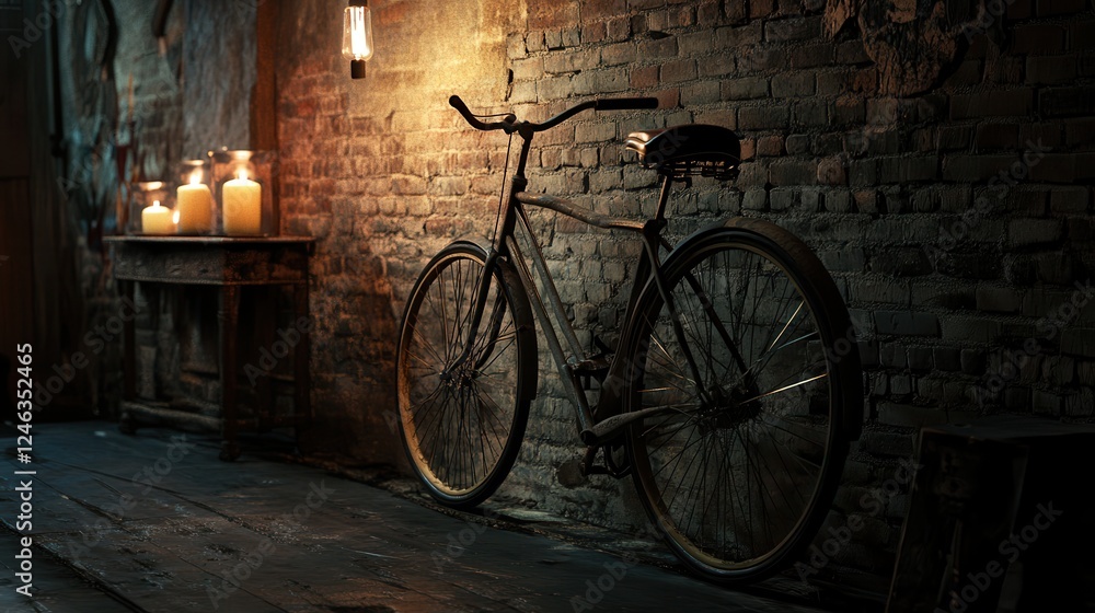 A bicycle rests against a textured brick wall, surrounded by softly glowing candles, creating a cozy and inviting atmosphere. A bicycle rests against a textured brick wall, surrounded by softly glowing candles, creating a cozy and inviting atmosphere.