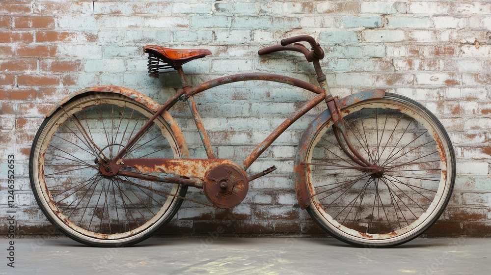 A rusty bicycle with a basket rests against a textured brick wall, showcasing a blend of vintage charm and urban decay in a serene setting. A rusty bicycle with a basket rests against a textured brick wall, showcasing a blend of vintage charm and urban decay in a serene setting.