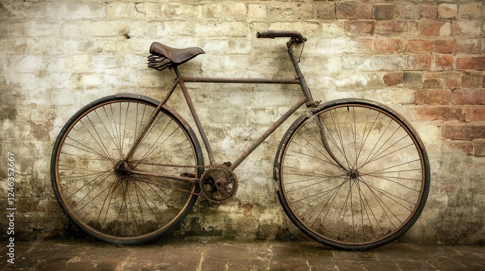 An old bicycle rests against a textured brick wall, showcasing its vintage charm and the rustic backdrop that enhances its character. An old bicycle rests against a textured brick wall, showcasing its vintage charm and the rustic backdrop that enhances its character.