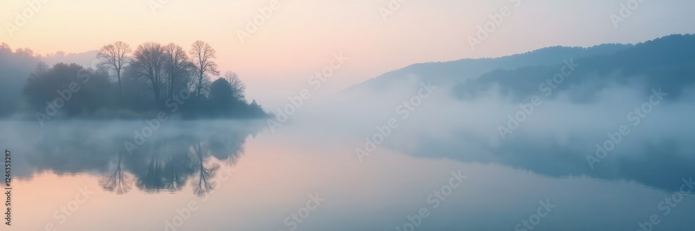 Obraz premium Misty morning fog waves across a serene landscape, subtle colors, serenity, atmosphere