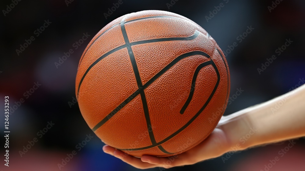Fototapeta premium Close-up of a basketball held in a hand on a court.