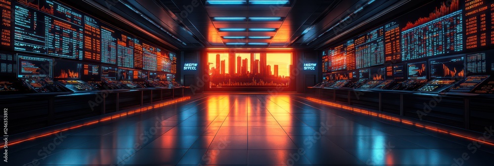 Fototapeta premium Futuristic Control Room with Cityscape View