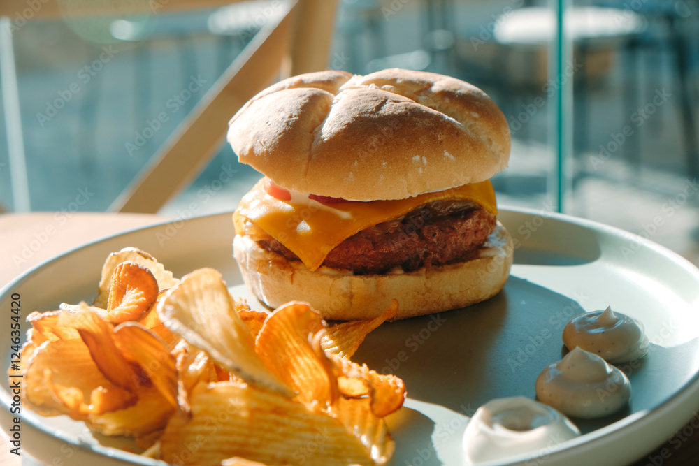 plate with a veggie cheeseburger on a table