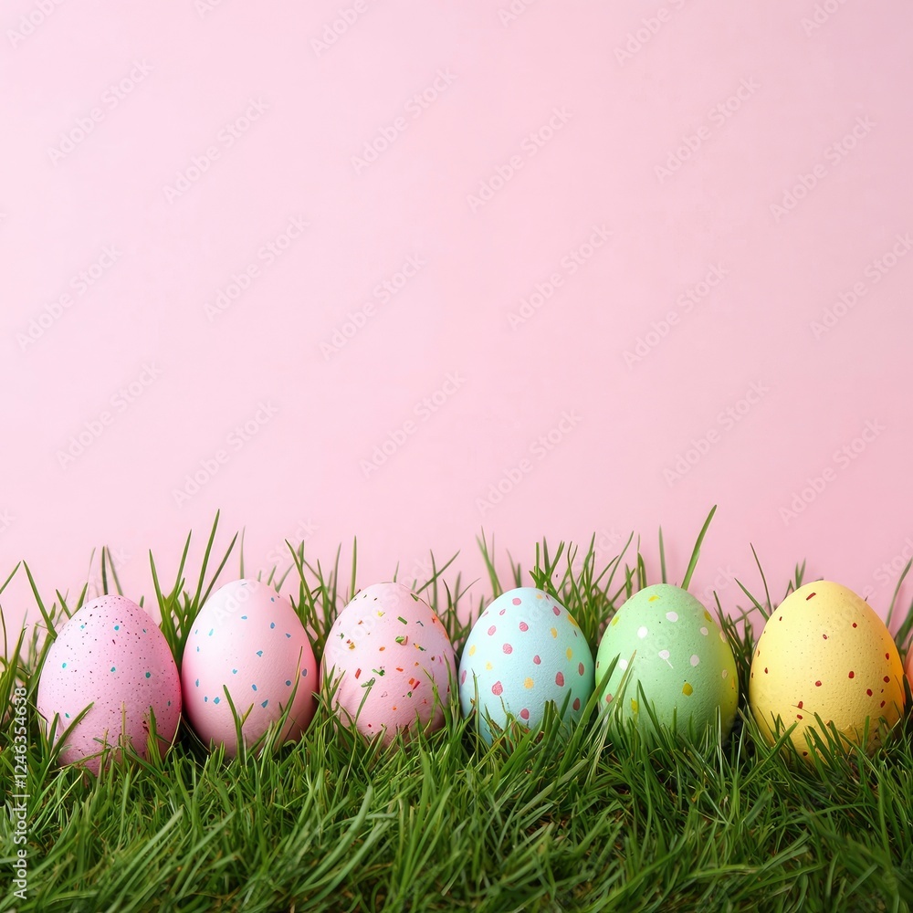 Fototapeta premium Colorful Easter Eggs on Grass with Pastel Pink Background for Celebration Theme