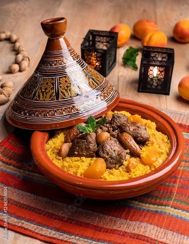 Traditional moroccan tagine with lamb, apricots, and couscous, served in an ornate clay pot