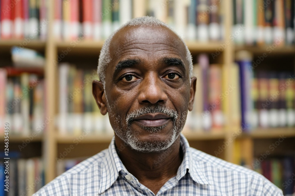 Fototapeta premium Wise African Elder Reading in Library