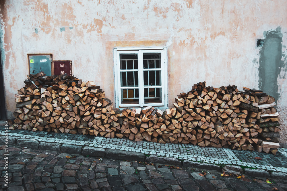 Wood prepared for winter aligned next to old house in Prague during autumn with beautiful window evokes slow living, hygge, cold, coziness and village like life in the heart of the Czech capital Wood prepared for winter aligned next to old house in Prague during autumn with beautiful window evokes slow living, hygge, cold, coziness and village like life in the heart of the Czech capital