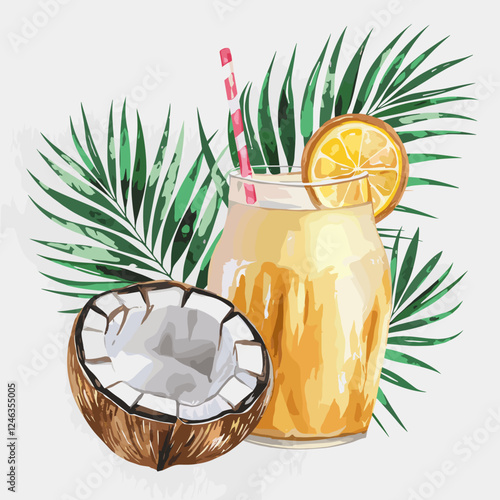Tropical Coconut Drink Watercolor Illustration