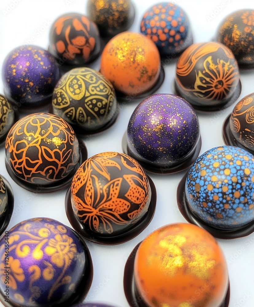 A close-up view of chocolate-covered eggs arranged beautifully on a table, showcasing their glossy finish and tempting appearance. A close-up view of chocolate-covered eggs arranged beautifully on a table, showcasing their glossy finish and tempting appearance.