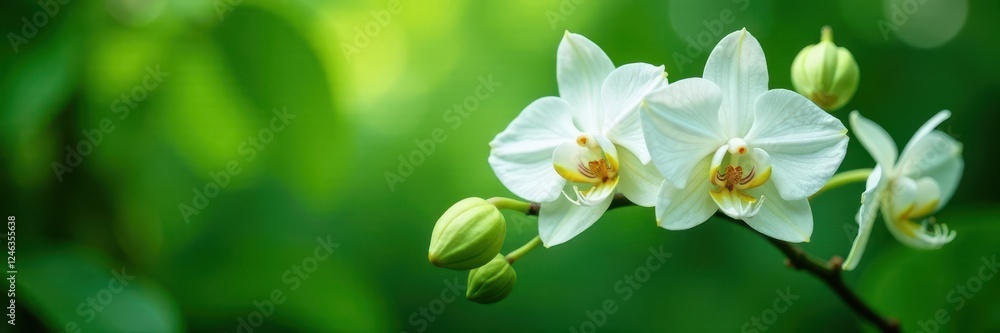 Fototapeta premium Stunning White Orchid flower with delicate green leaves, nature, greenery