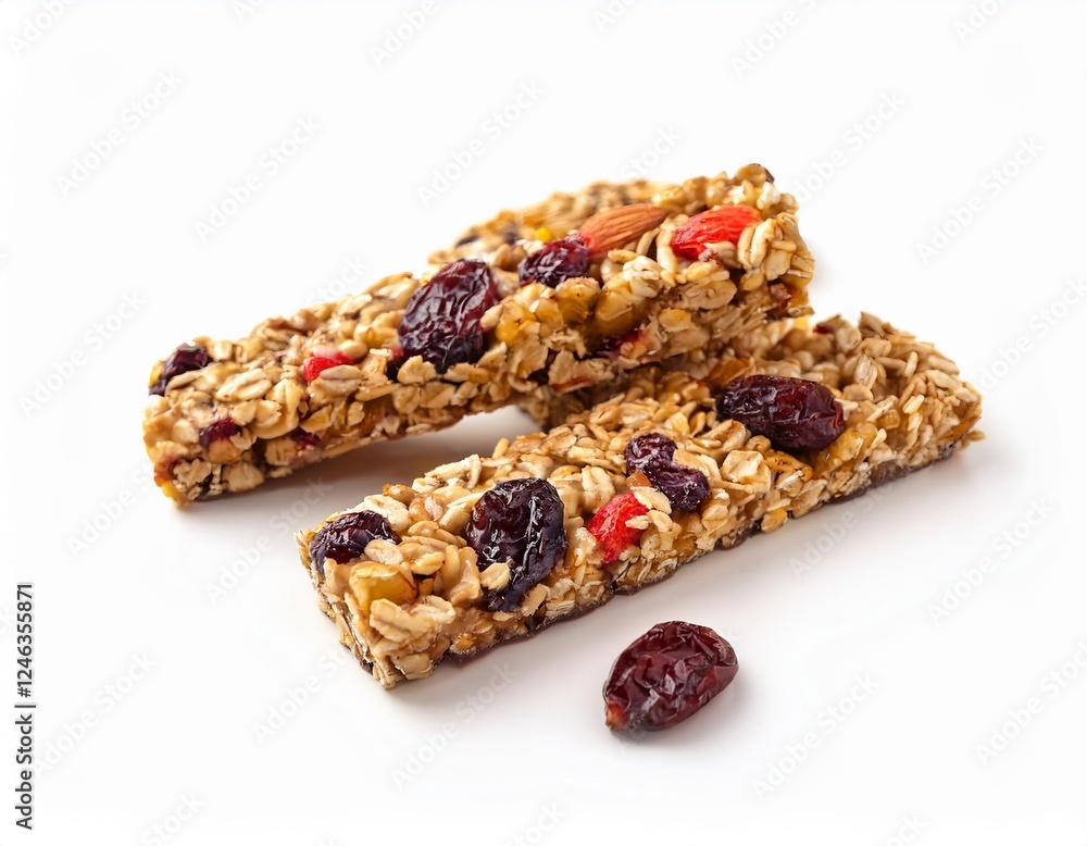 Two cereal energy bars with nuts and berries providing energy boost Two cereal energy bars with nuts and berries providing energy boost