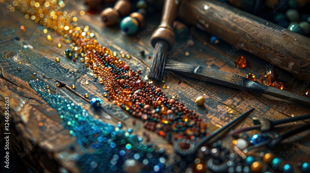 Close-up of a craftsman's workbench with colorful beads and tools, showcasing an intricate crafting process Close-up of a craftsman's workbench with colorful beads and tools, showcasing an intricate crafting process