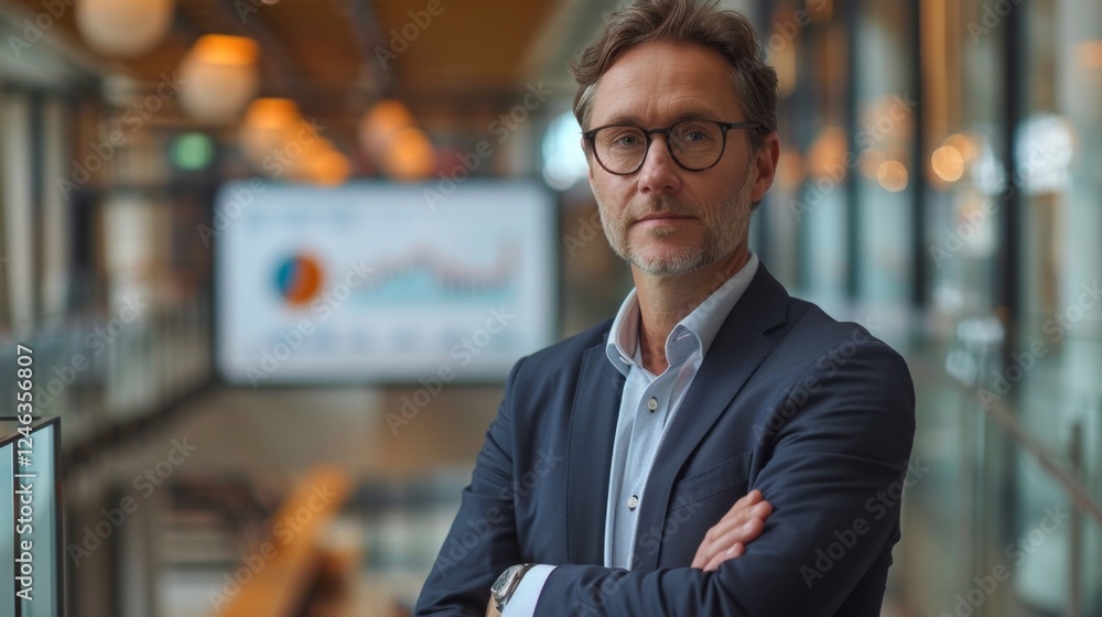 Business professional stands confidently in modern office space showcasing analytical data on screen behind him Business professional stands confidently in modern office space showcasing analytical data on screen behind him
