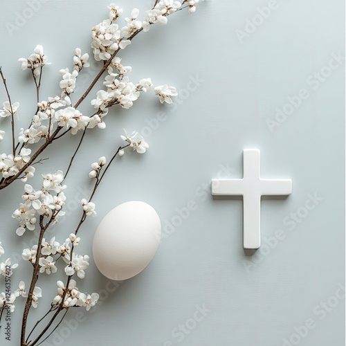 Simple Easter Theme with Flowers, Egg and Cross in Minimalist Style
