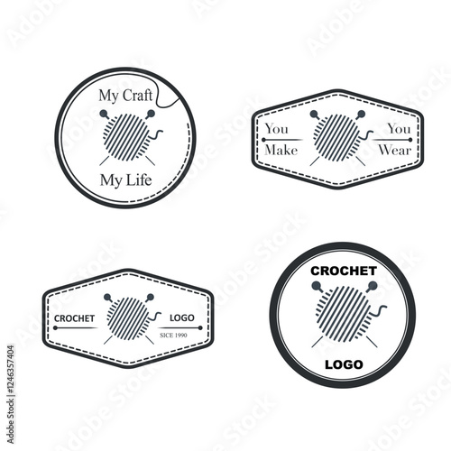 WeSet of crochet logos featuring yarn balls and knitting silhouettes. Perfect for craft businesses, handmade product branding, and knitting related designs.