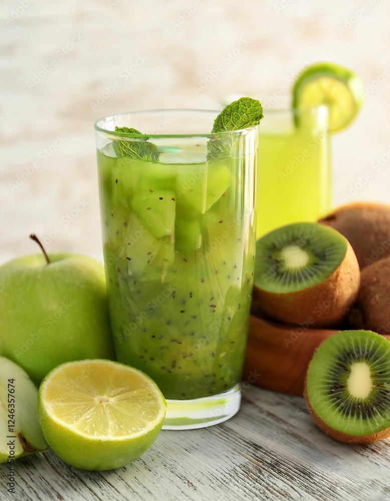 Refreshing kiwi and green apple juice with lime and mint on wooden table Refreshing kiwi and green apple juice with lime and mint on wooden table