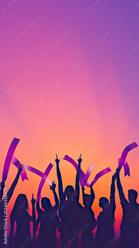 Silhouettes of People Raising Hands in Unity with Ribbons, World Cancer Day Silhouettes of People Raising Hands in Unity with Ribbons, World Cancer Day