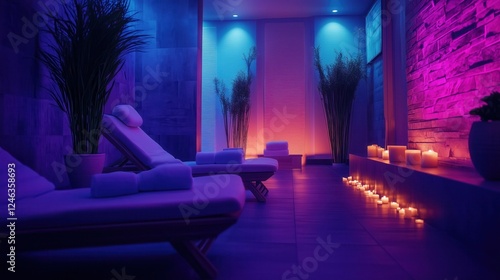 Relaxing spa ambiance with soft candlelight and loungers photo