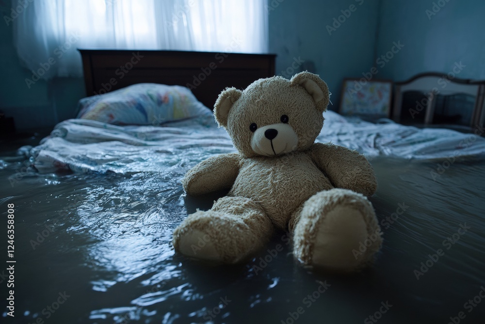 Teddy bear floats in a flooded childs bedroom during a stormy night. Generative AI Teddy bear floats in a flooded childs bedroom during a stormy night. Generative AI