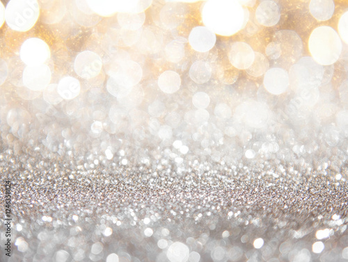 shimmering background with silver and white bokeh lights creates festive and elegant atmosphere. soft focus and glittery texture add touch of glamour and sophistication photo