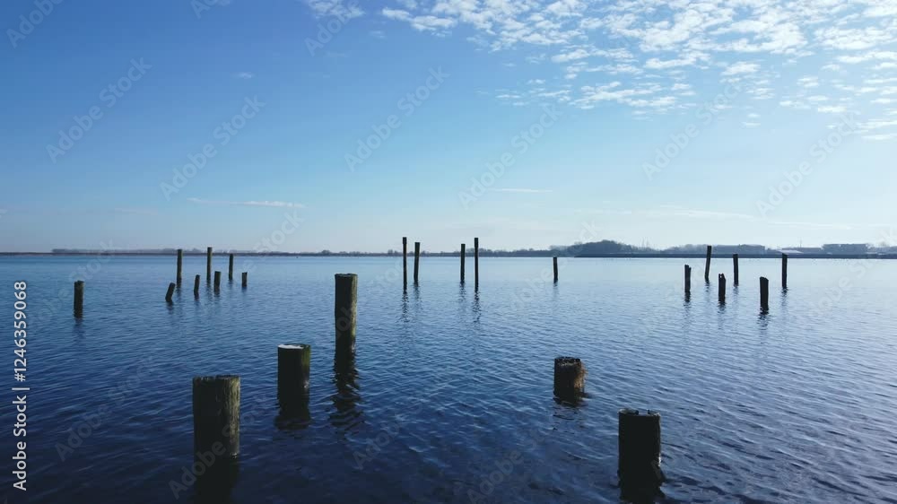 drone flight above an old rack with blue water and a blue sky drone flight above an old rack with blue water and a blue sky