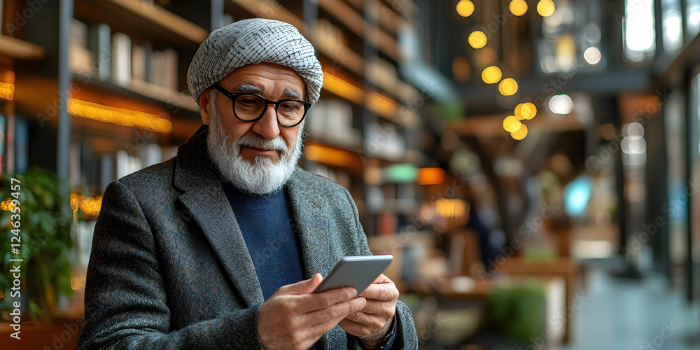 Elderly man with beard and glasses wearing a turban, using a smartphone in a cozy, warmly lit indoor setting Elderly man with beard and glasses wearing a turban, using a smartphone in a cozy, warmly lit indoor setting