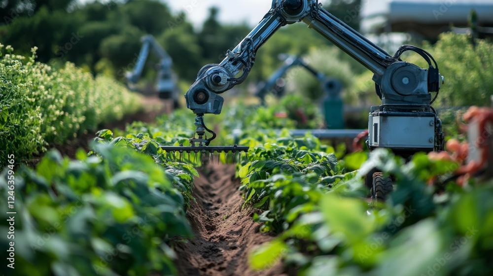 Robotic arms tend to crops in a modern agricultural setting Robotic arms tend to crops in a modern agricultural setting