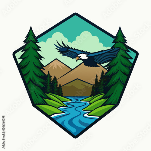 A dynamic adventure logo featuring a flying eagle soaring over a dense forest with a winding river