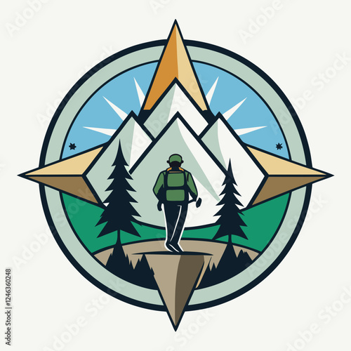 A stylized compass rose with a silhouette of a backpacker walking into the horizon, surrounded by trees and mountains, designed in a clean and modern aesthetic