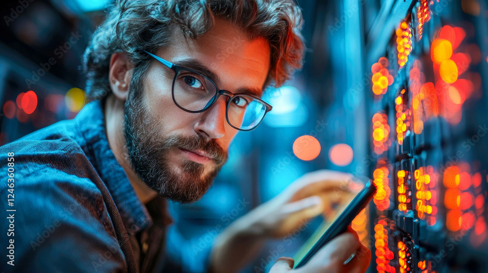 Obraz premium A young man with glasses and a beard working in a data center, using a tablet. Bright red server lights reflect on his focused expression