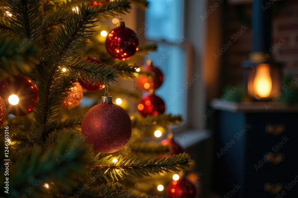 Decorated Christmas tree with festive lights and ornaments, Festive atmosphere, Christmas tree, Decorated tree Decorated Christmas tree with festive lights and ornaments, Festive atmosphere, Christmas tree, Decorated tree