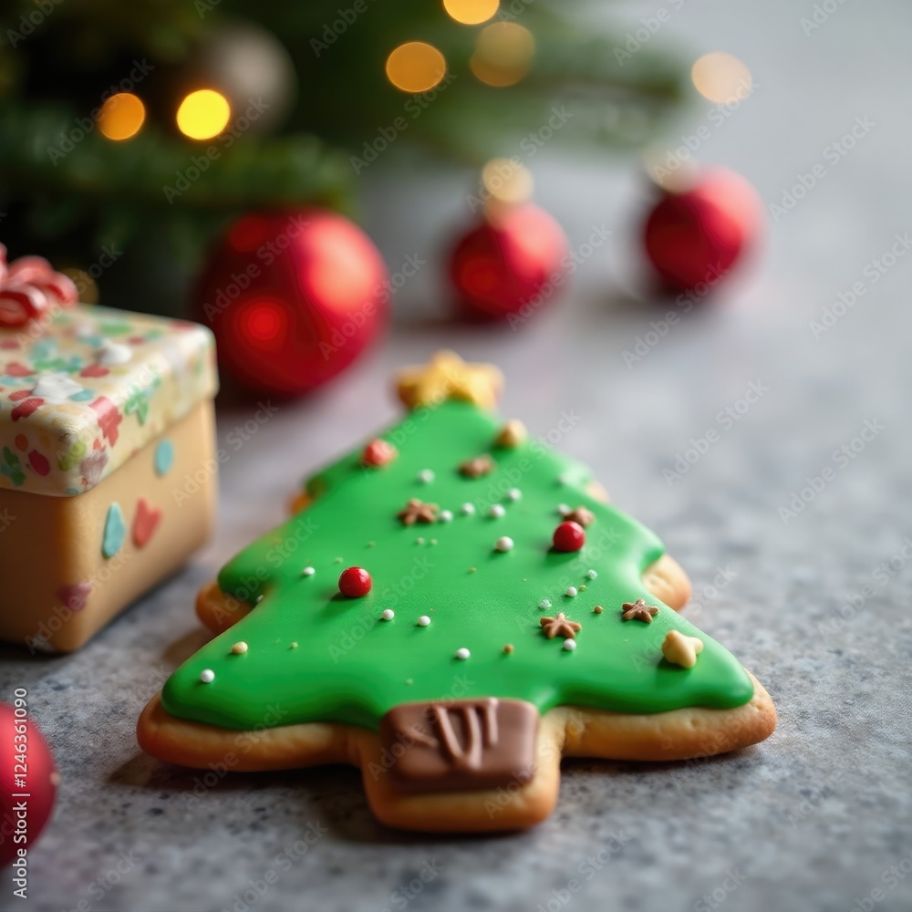 Decorated Christmas tree cookies on a festive holiday table, decorated, holiday Decorated Christmas tree cookies on a festive holiday table, decorated, holiday