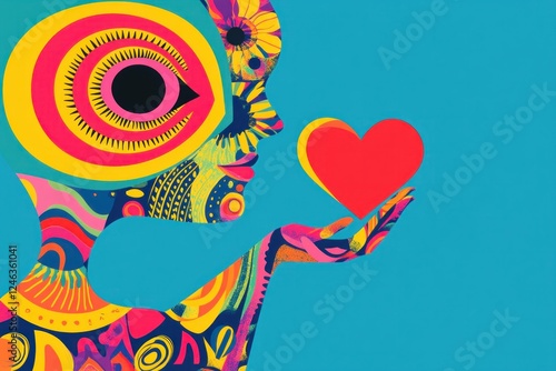 Vibrant artwork depicting a colorful woman offering a heart, showcasing love and positivity in a bright blue background with intricate patterns